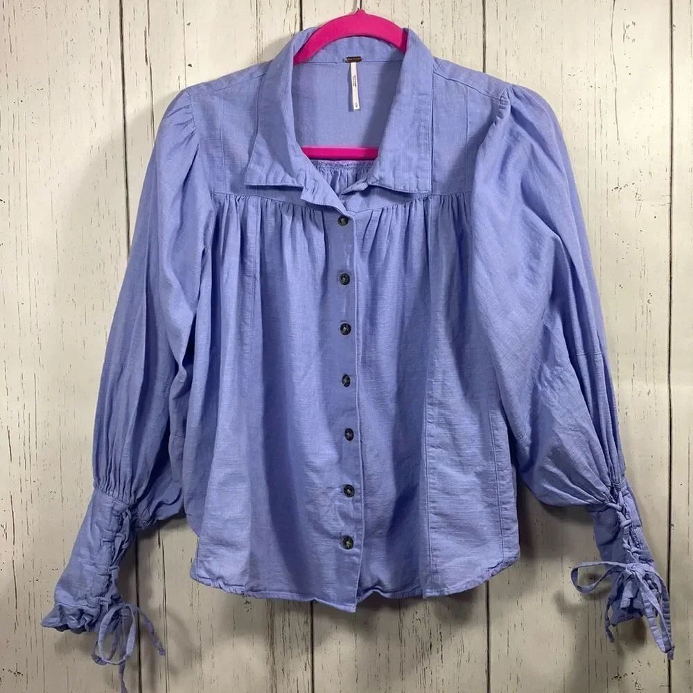 Free People Kiss Kiss Button Front Laced Cuff Top Blouse Cottagecore Romantic